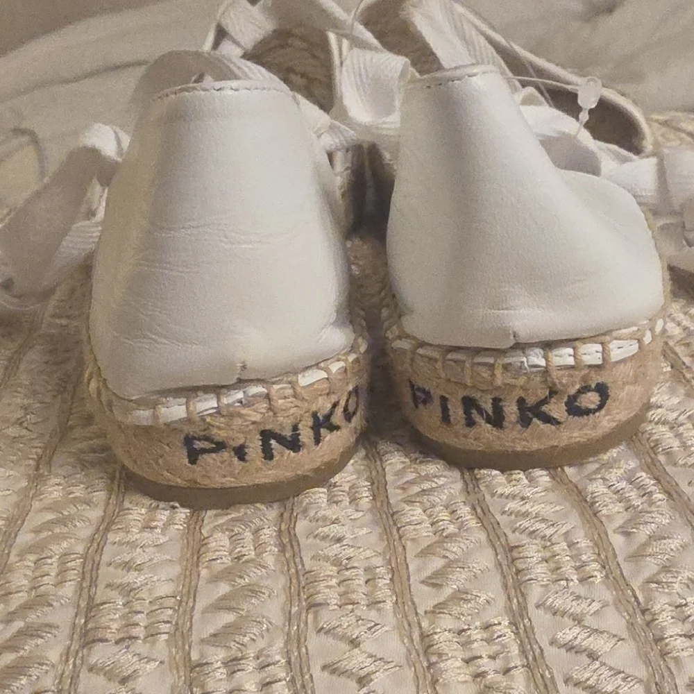 Pinko White Lace Espadrille with Jute Logo Sole and Ankle Ribbon
